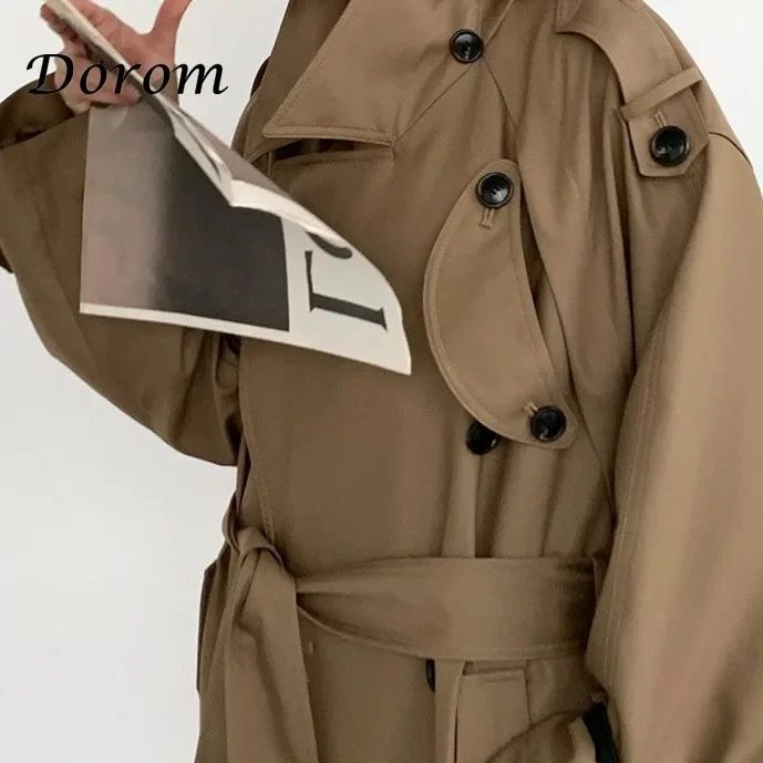 Vintage Classic Gray Long Trench Coats Women With Belt Turn-Down Collar Long Sleeves Double Breasted Windbreaker Jackets Outfits