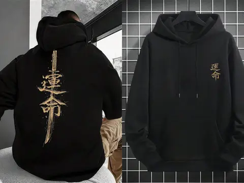 Men Kanji Destiny Katana Samurai Hoodie Japanese Letter Print Streetwear Oversized Fleece Pullover Black Autumn Winter