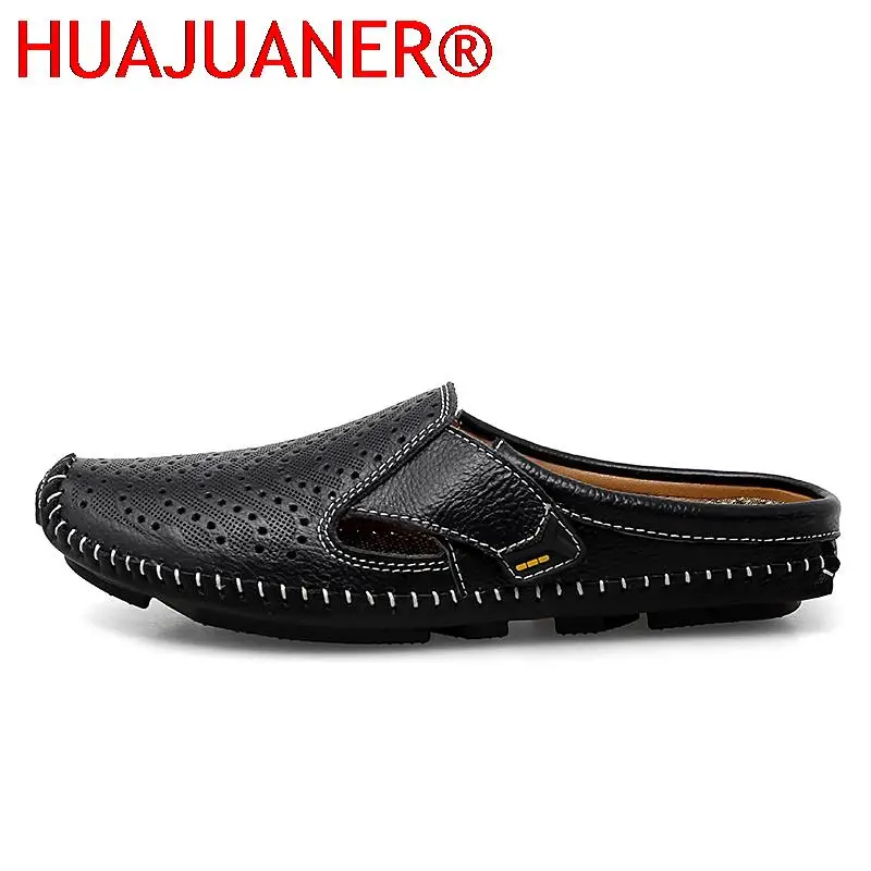 New Genuine Leather Men's Slippers Summer Breathable Casual Mules Light Half Shoes For Men Outdoor Anti-slip Driving Loafers Man