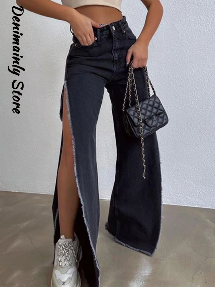 

Fashion High Split Denim Woman Pants Summer High Waist Tear Side Loose Straight Jeans 2025 New Street Wind Female Trousers