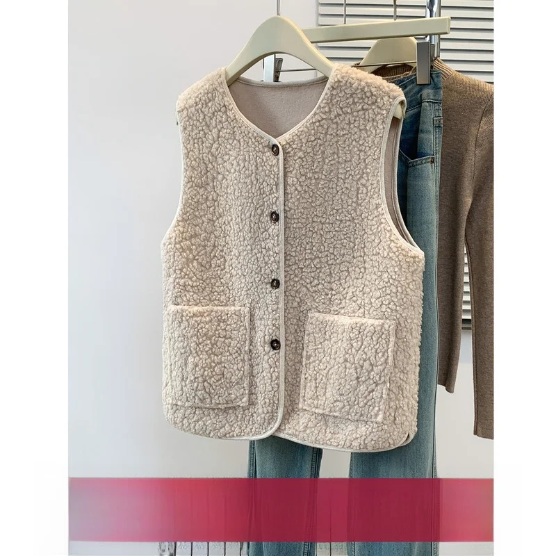 

Большой размер с открытой передней частью V Ne Легкий жилет из искусственной овчины Осень-зима Свободный крой Теплый жакет на одной пуговице