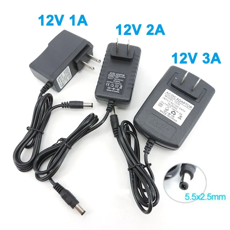 US Plug AC 110V 220V to DC 12V Power Supply Charger 1A 2A 3A 1000ma 2000ma 3000ma Transformer USA travel Adapter 5.5x2.5mm