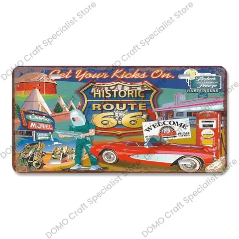 Vintage Route 66 License Plate Metal Tin Signs - Motorcycle Car Poster, Garage Bar Pub Moto Club Decor