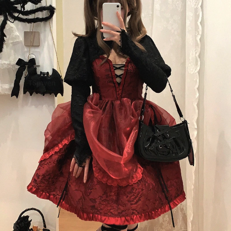 Japanese Victorian Kawaii Lolita Dress Women V Neck Jacquard Organza Fairy Dresses Korean Fashion Gothic Sleeveless Strap Dress