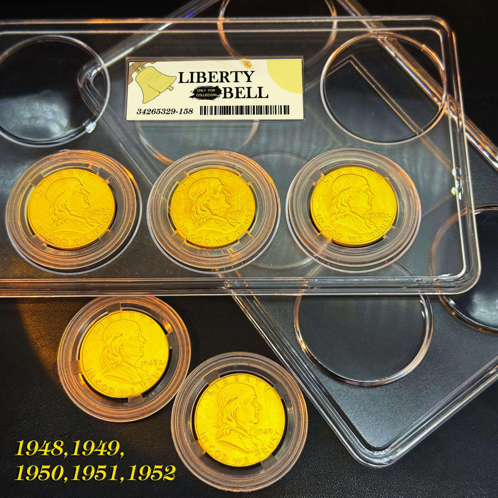 

5pcs/Set US 1948-1962 Franklin Liberty Bell Golden Commemorative Coins - Replica Half Dollar Old Money, Collectors' Gift