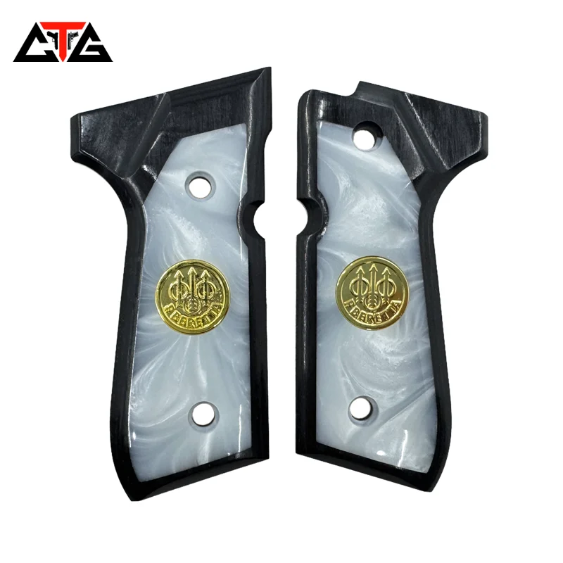 

CTG Beretta 92 fs grips walnut-colored wood and smooth surface white resin with gold coin inlay