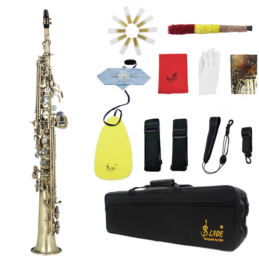 

SLADE Soprano Saxophone Cyan Antique Bb Flat Brass Straight Sax Woodwind Instrument with Case Mouthpiece Cleaning Cloth Gloves