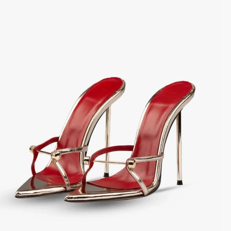 

Stylish Metal Thin Heels Sandals Gold Leather PU Metal Button Pointy Toe Slip On Summer Slipers Drop Shipping