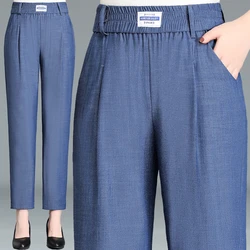 Middle aged mother's Summer Thin Jeans Blue High waisted Loose Pocket Denim Straight Trousers Women's Casual Ankle length Pants