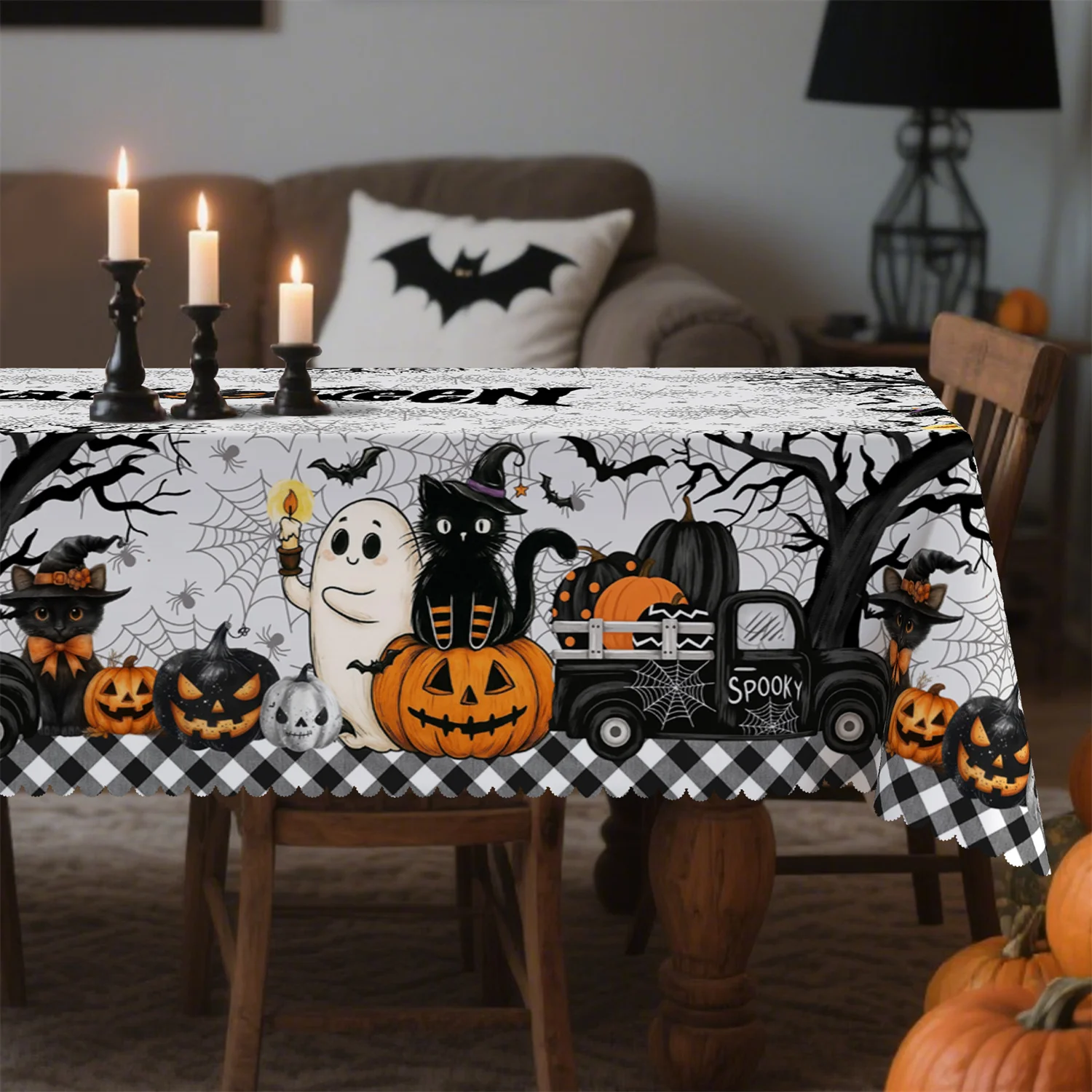 Buffalo Gator truck pumpkin ghost with dead tree spider cat Halloween tablecloth - 1 pack suitable for kitchenzyc
