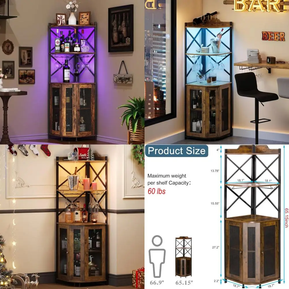 5단 러스틱 스타일 와인 및 주류 캐비닛 LED 조명 및 유리 홀더 포함