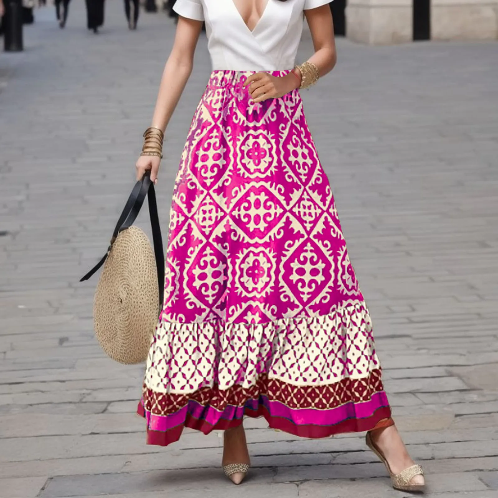 

Fashion Boho Vintage Floral Printed Skirts Women's Spring And Summer New High Waist A Line Half Skirt Casual Holiday Beach Skirt