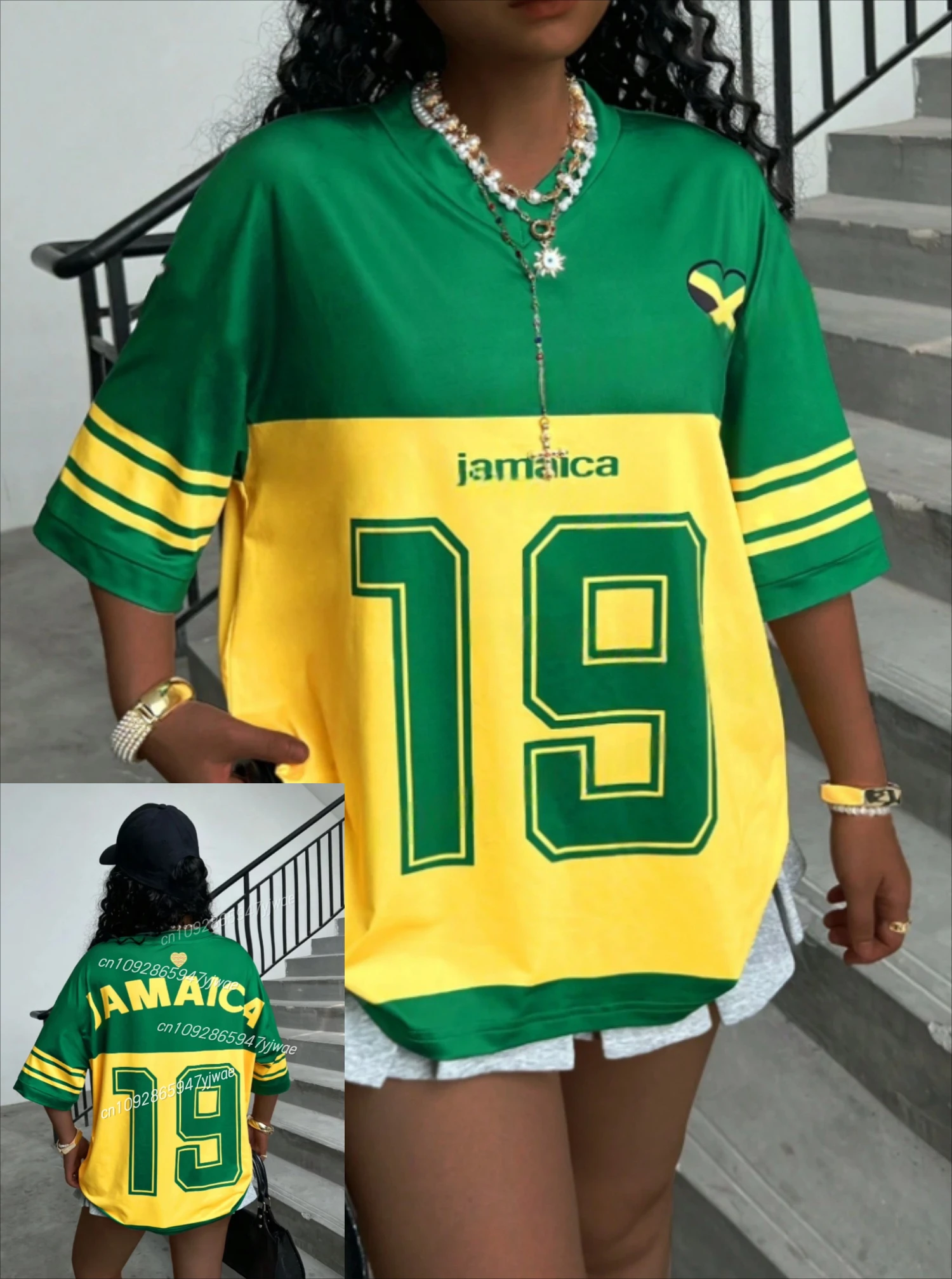 Estampado con la bandera de Jamaica. 19 Camisetas para mujer, con diseño a rayas, cuello en V, de manga corta, estilo veraniego, corte holgado, tendencia Harajuku, ideales para un look urbano.