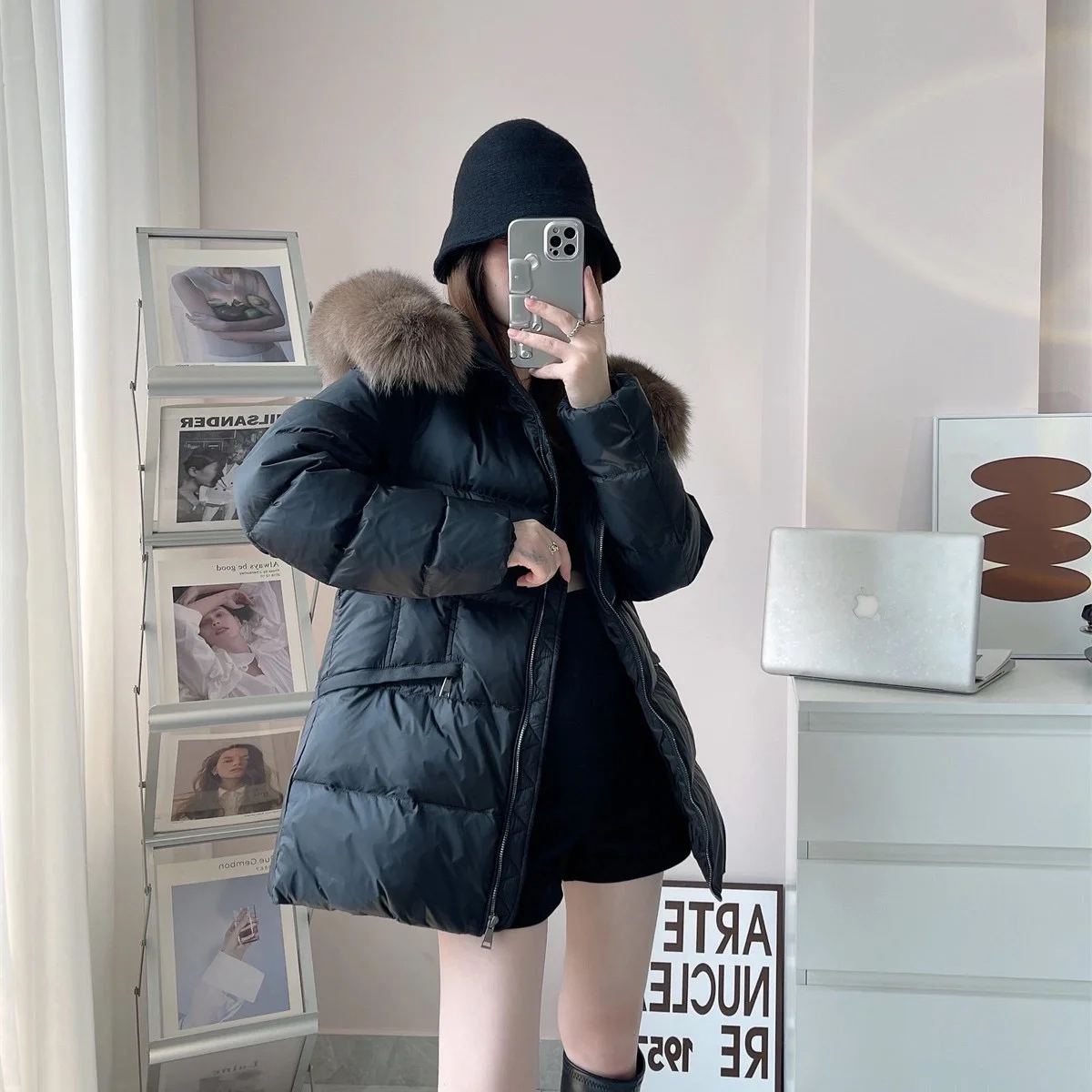 

Зимний пуховик с воротником из натурального меха, женская теплая стеганая хлопковая куртка на молнии, женская куртка на утином пуху с капюшоном и поясом, верхняя одежда Parker