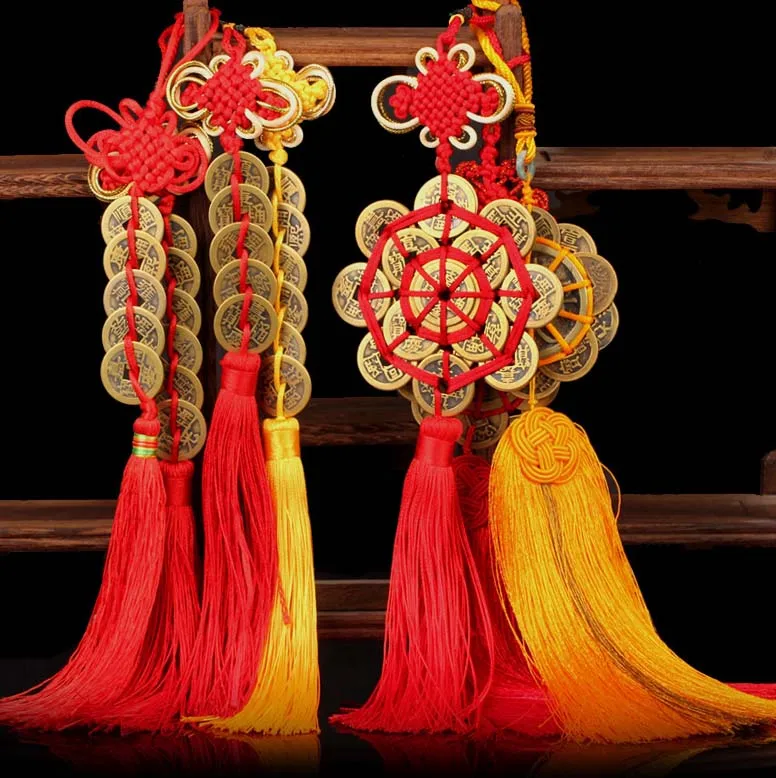 wholesale -8P TOP COOL gift Pocket HOME mascot  efficacious Safety Mascot Money Drawing FENG SHUI lucky copper cash Chinese knot