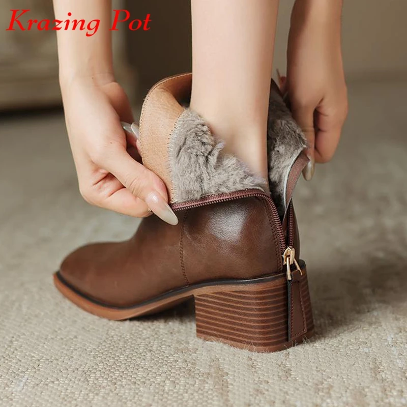 

Krazing Pot Natural Cow Leather Fur Wool Square Toe Heels Snow Boots Back Zip Winter Keep Warm High Street Fashion Ankle Boots