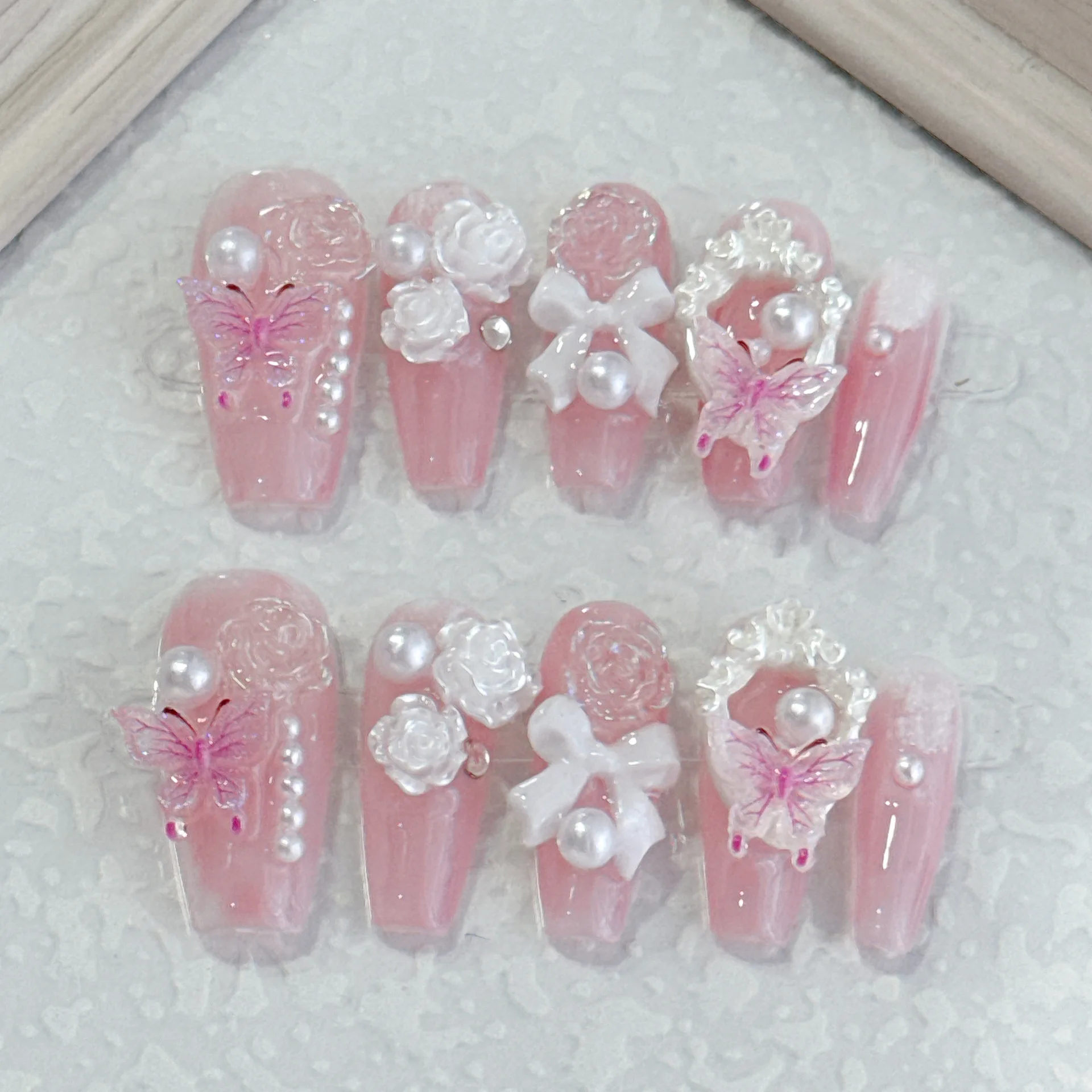 10Pcs Handmade Press On Nails Full Cover Flowers Glitter Design French Ballerina Artificial Wearable False Nails Nail Tips Art