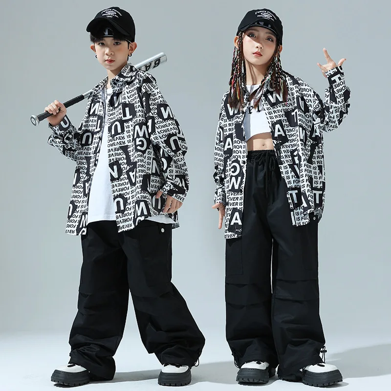 Kinder Street Dance Kostüm Brief Druck Hemden Hosen Sets für Jungen Mädchen Lange Ärmel Outfits Moderne Jazz Bühne Tragen