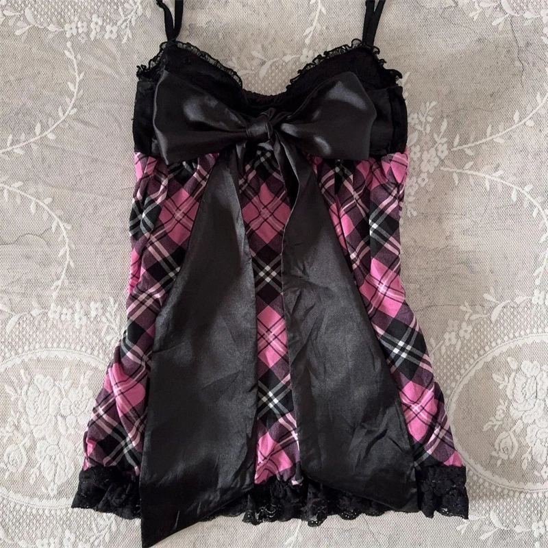 Pink Black Plaid Bow Lace Cami Mini Skirt Set Sweet Cool Girly Two Piece Outfit For Teens Young Women Party Date Night Summer