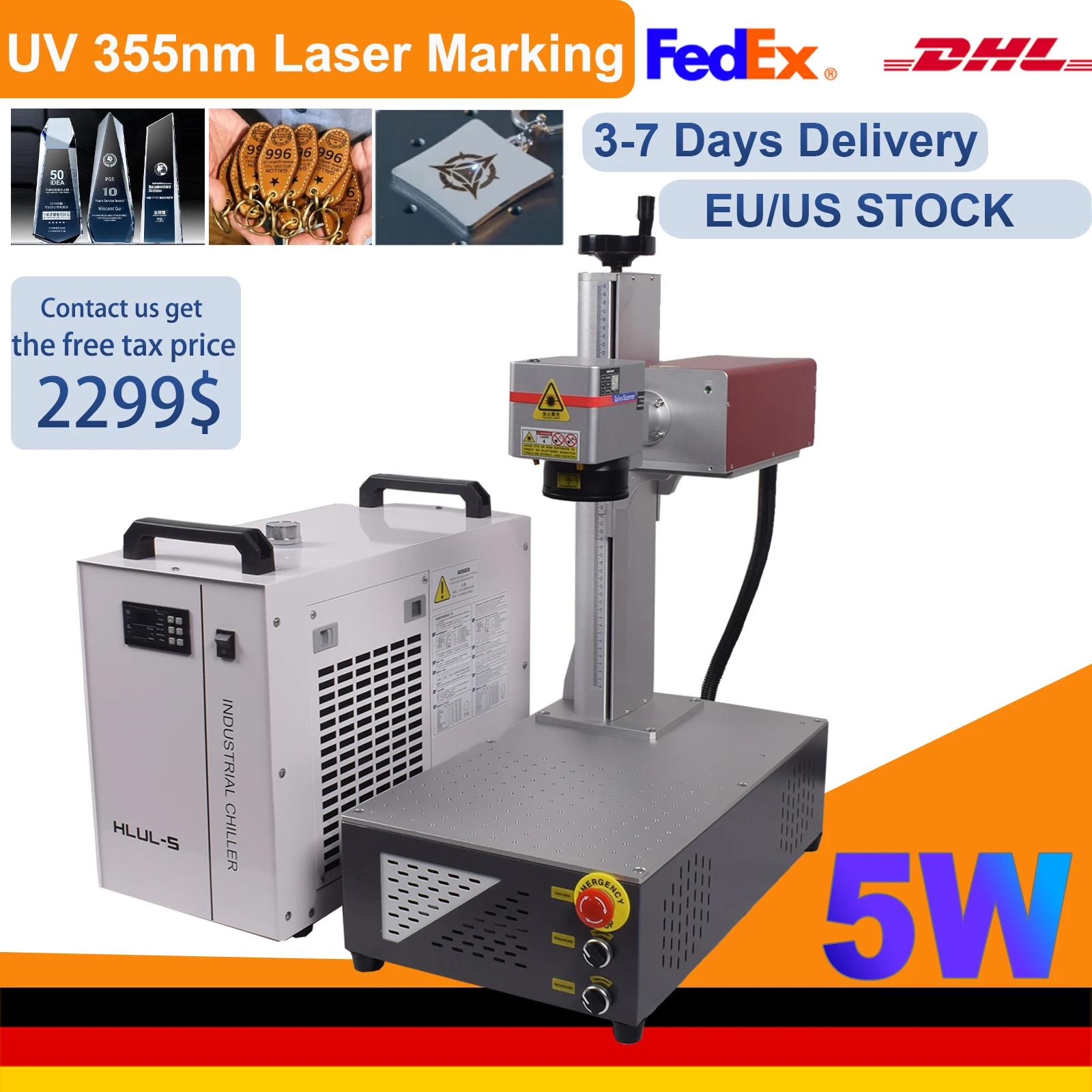 

5 Вт УФ-лазерная маркировочная машина Волокно УФ 5 Вт 355 нм неметаллический гравер для стекла/дерева/ПВХ/нержавеющей стали/пластика Объектив 175 мм