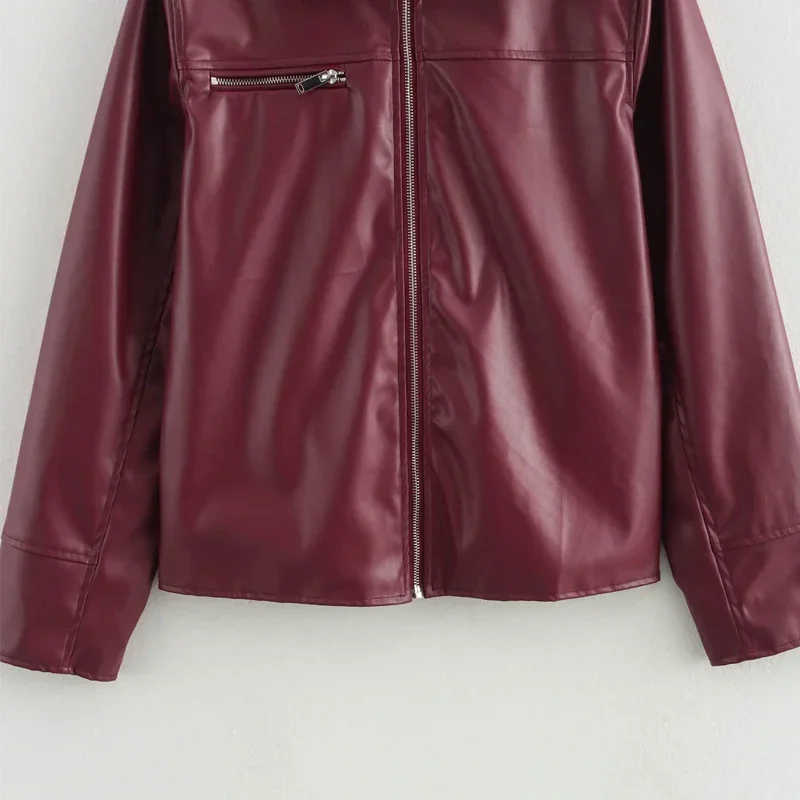 TRAF Women Fashoin Faux Leather Jacket 2024 Women Autumn Winter Long Sleeve Burgundy Jacket New in Outerwears Streetwear Coats