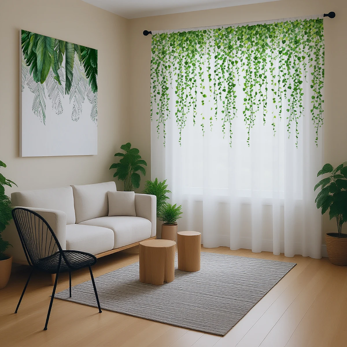 1 Pc Nordic INS Style Green Vine Sheer Curtain - Translucent, Light Reducing, Privacy, Rod Pocket, for Living/Bedroom/Kids Room