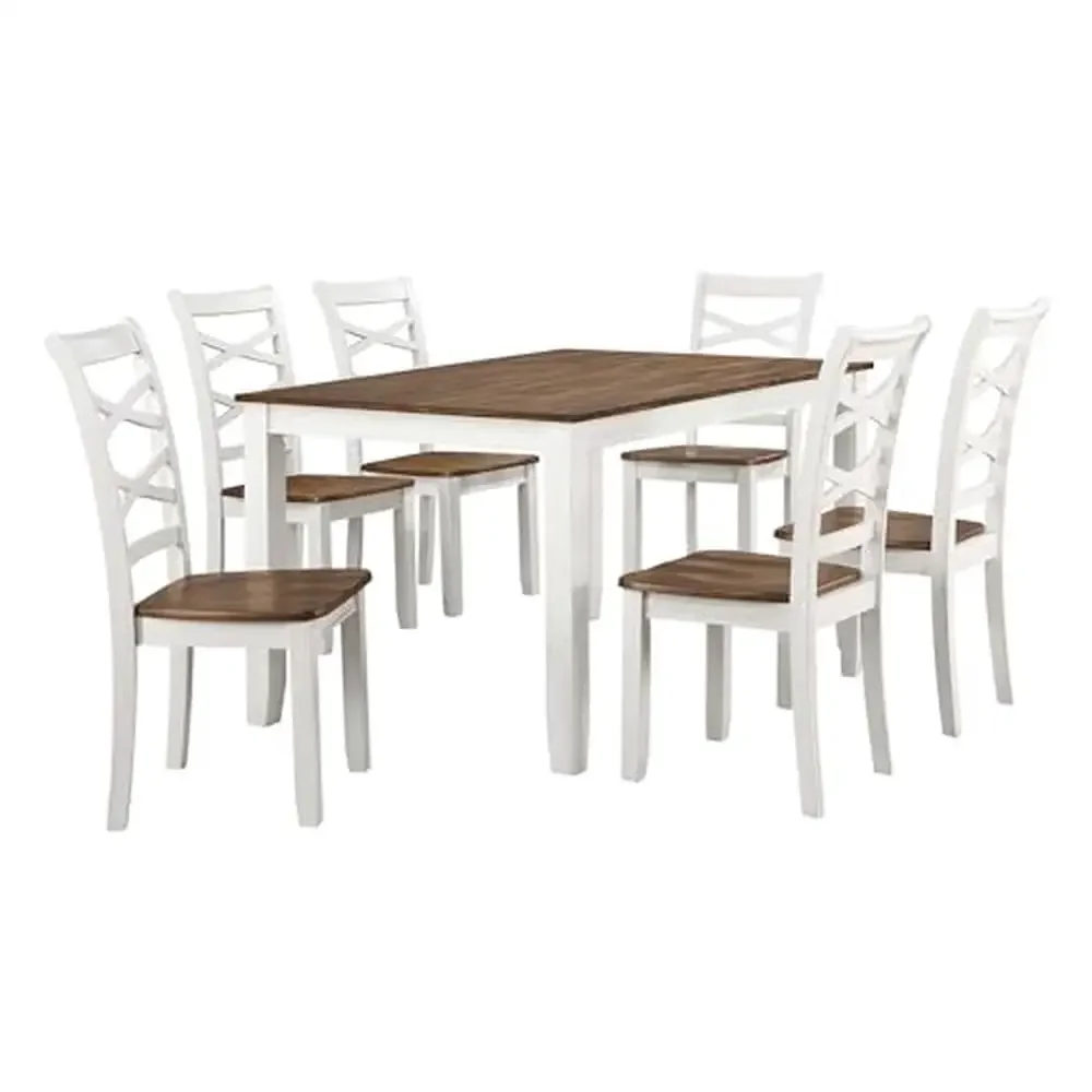 Farmhouse Dining Table Set 6-Piece Solid Wood Cross Back Chairs Ergonomic Support Cherry/White 60'' Rectangular Dinette Kit