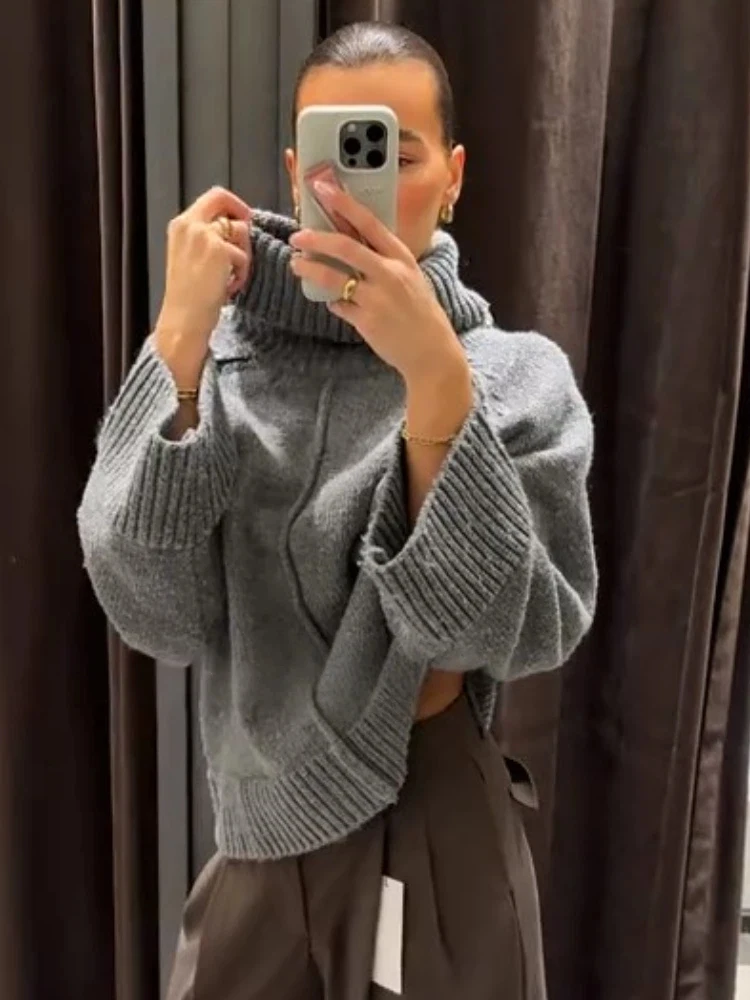 Camisola de gola alta feminina oversize inverno vintage malha cinza camisola pulôver feminino macio cinza quente camisola para mulher