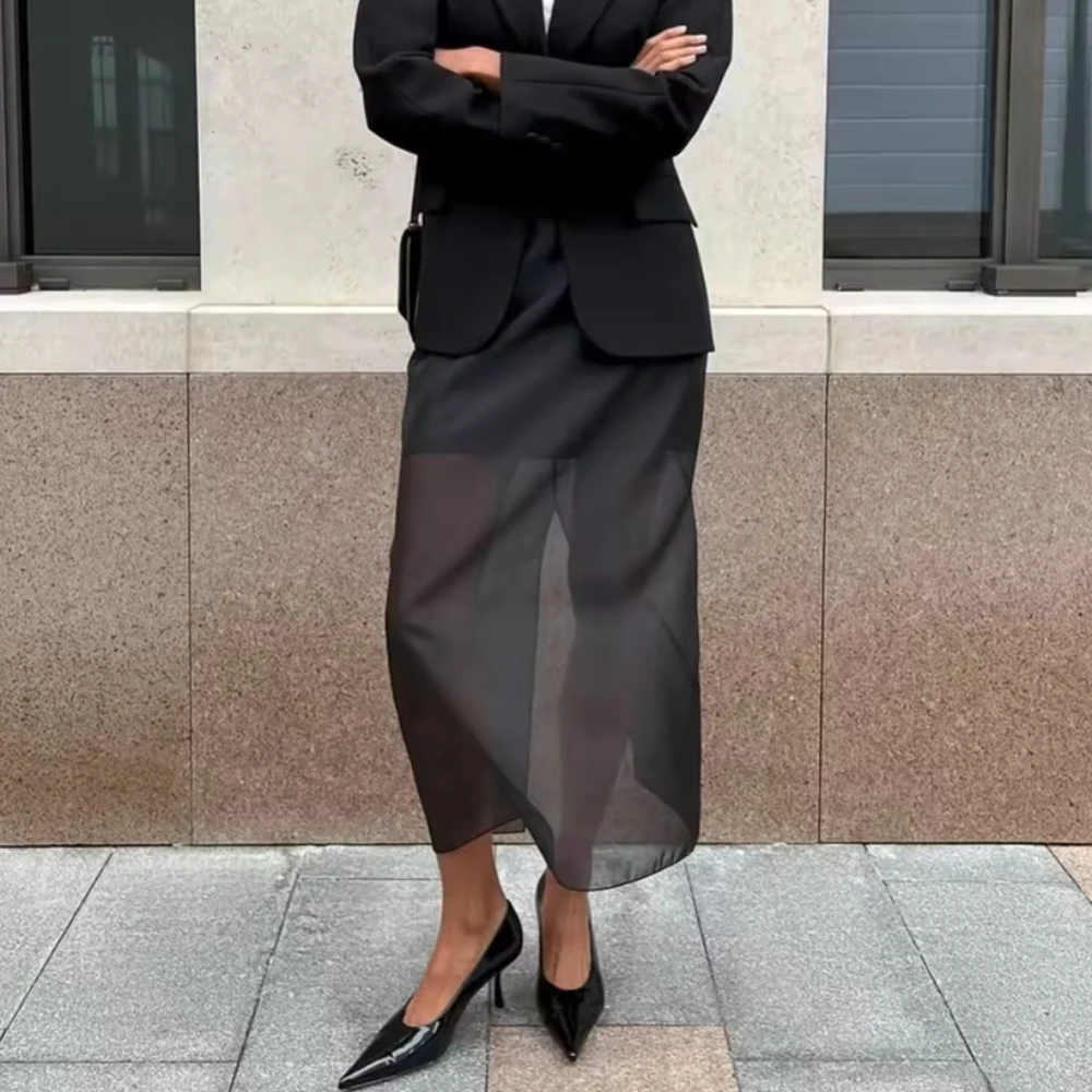 2026 Summer Women Black Mesh Skirt High Waist See Through Long Skirt Sexy Perspective Hip Cover Casual Office Lady Fashion