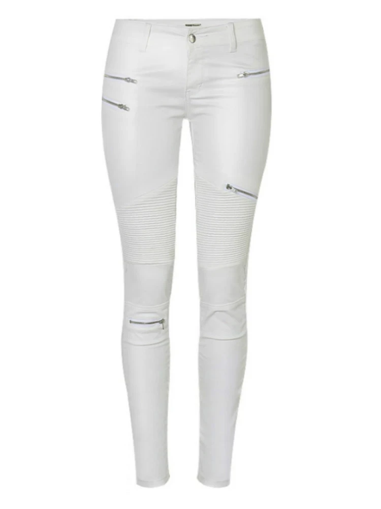 Black Coffee Rock Punk Party White Pants Autumn PU Leather Coated Denim Pants for Women Sexy Tight Stretchy Rider Leggings