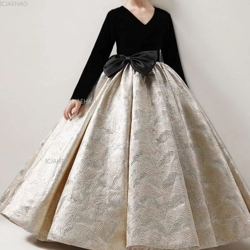 

Черное праздничное платье с длинными рукавами для девочек, новое детское пышное платье для модного шоу, официальная одежда для выступлений на фортепиано, осень-зима, дети