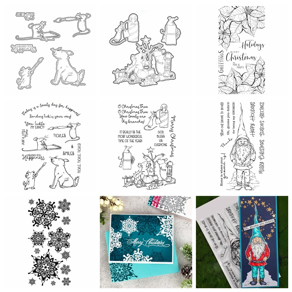 

Mice Gnome Pen Candle Gift Metal Cutting Dies Christmas Holiday Pun Words Snowflake Clear Silicone Stamps for DIY Paper Card