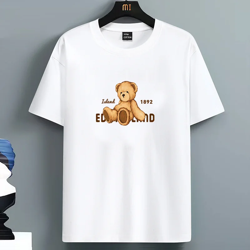 

Luxury Summer For Men's 100_ Pure Cotton Casual Loose Plus Size Bear Printed Sports Comfortable Round Neck Short Sleeved T-shirt