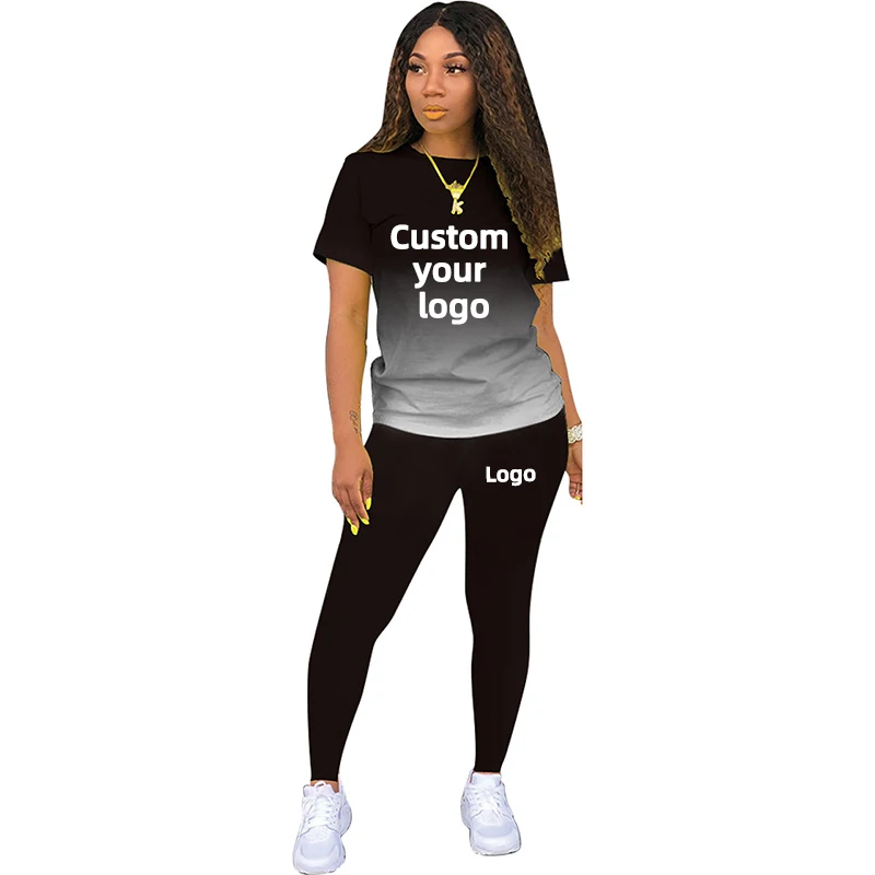 Two Piece Set Women Tracksuits Sets DIY Printed Personality Short Sleeve T shirts + Pants Sports Suit Custom your logo For Women