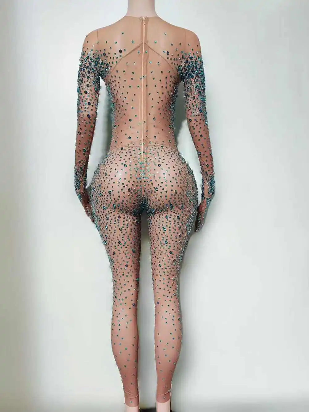 Sparkly Strass Mesh Transparent Overall Handschuhe für Frauen Sexy Geburtstag Party Outfit Tänzerin Show Strampler Bühne Tragen