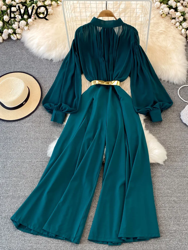 

EWQ Sweet Style Women Jumpsuits Pleated Stand Collar Lantern Sleeve Solid Color Wide Leg Jumpsuit Spring Summer 2023 New SN0533