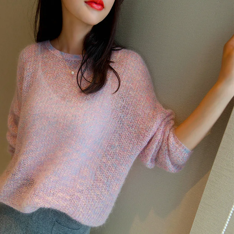 Sweater Women Flower Yarn Colorful Thread Honeycomb Splicing Loose Pullover Mohair Casual Knit Pullover Sweater Women