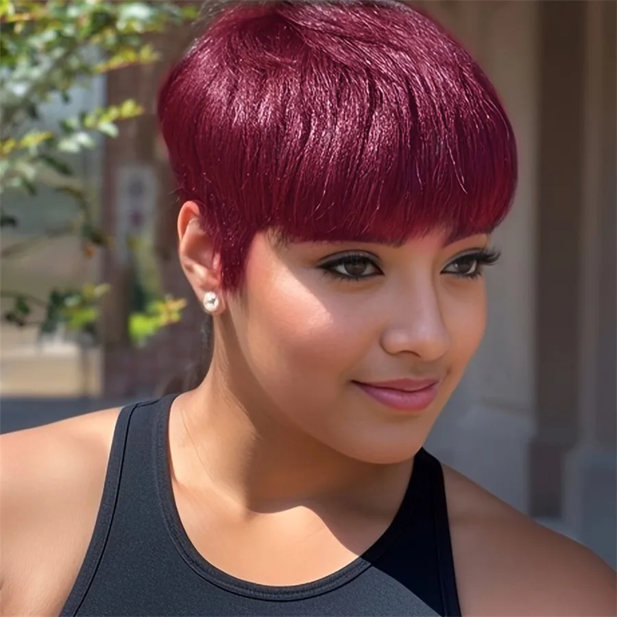 วิกผมทรงพิกซี่ทำด้วยเครื่องจักร สีดำน้ำตาล สำหรับผู้หญิง ใช้ในชีวิตประจำวันและงานปาร์ตี้ วิกผมทรงพิกซี่ วิกผมสั้นตรง วิกผมจากผมแท้