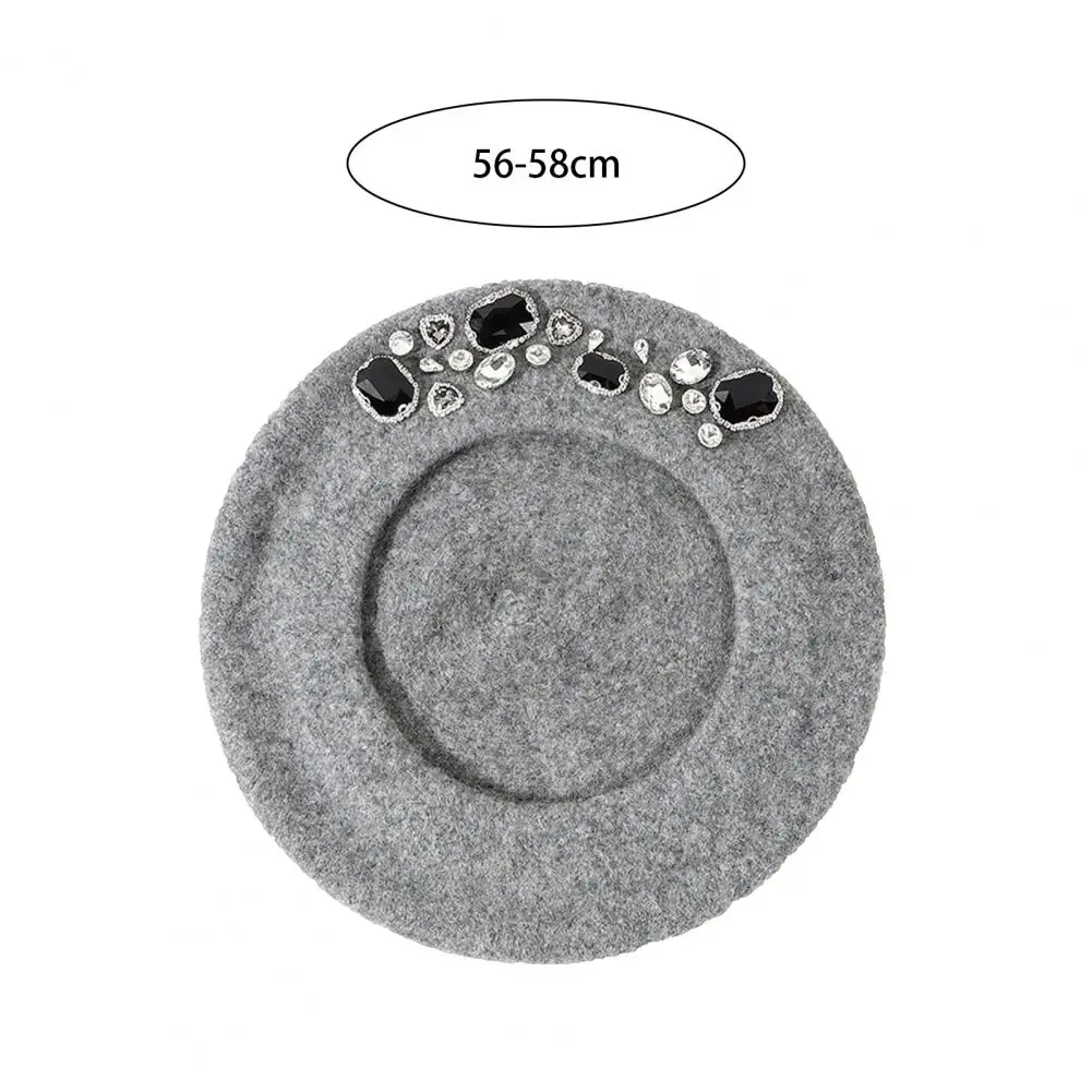 Rhinestone Decor French Beret Thick Solid Color Brimless Thermal Decorative Wool Artist French Style Painter Hat Women Headwear