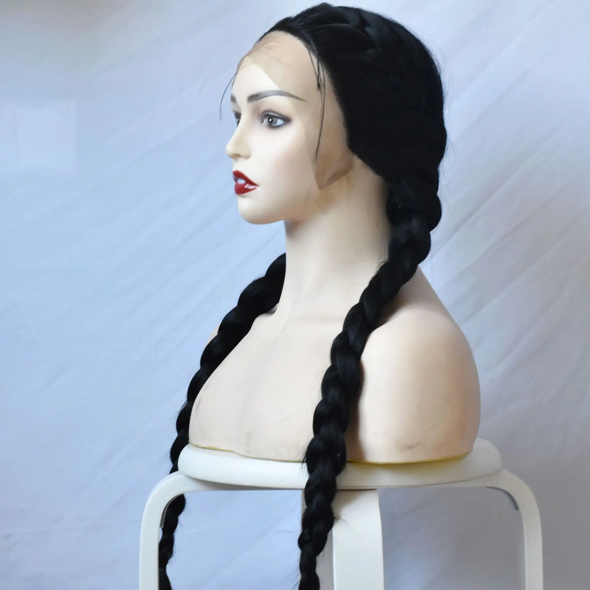 Moda peruca tendência para senhoras ligeiramente ondulado frente renda tranças duplas longo cabelo reto trançado frente renda tranças duplas