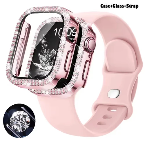 Bling Glass + cubierta + correa para correas de reloj Apple 45mm 41mm 44mm 40mm pulsera parachoques de diamante + Protector de pantalla serie 9 8 7 6 5 4 SE