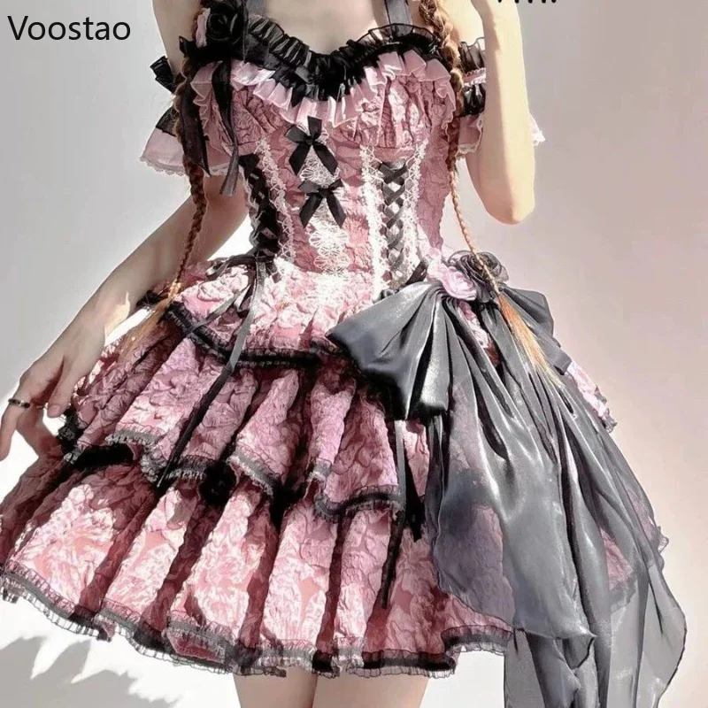 Gothic Lolita JSK Kleid Damen Viktorianisches Vintage elegantes Blumenrüschen Spitze Bandage Minikleider Halloween Mädchen süßes Punkkleid