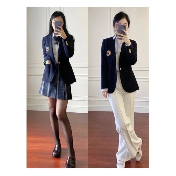 

Slim Fit Knitted Double Sided Women's Suiting Jaet mid Range American Sle Dongdaemun Spring College Letter Embroidery