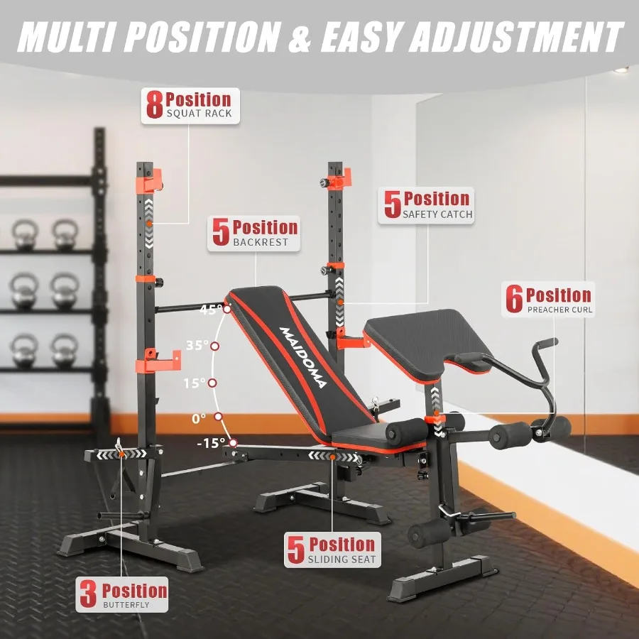 Banc de musculation 8 en 1 de 1500LB avec traction Lat et Extension de jambe/Curl, presse de banc pliable avec boucle et support de prédicateur, Ben d'entraînement