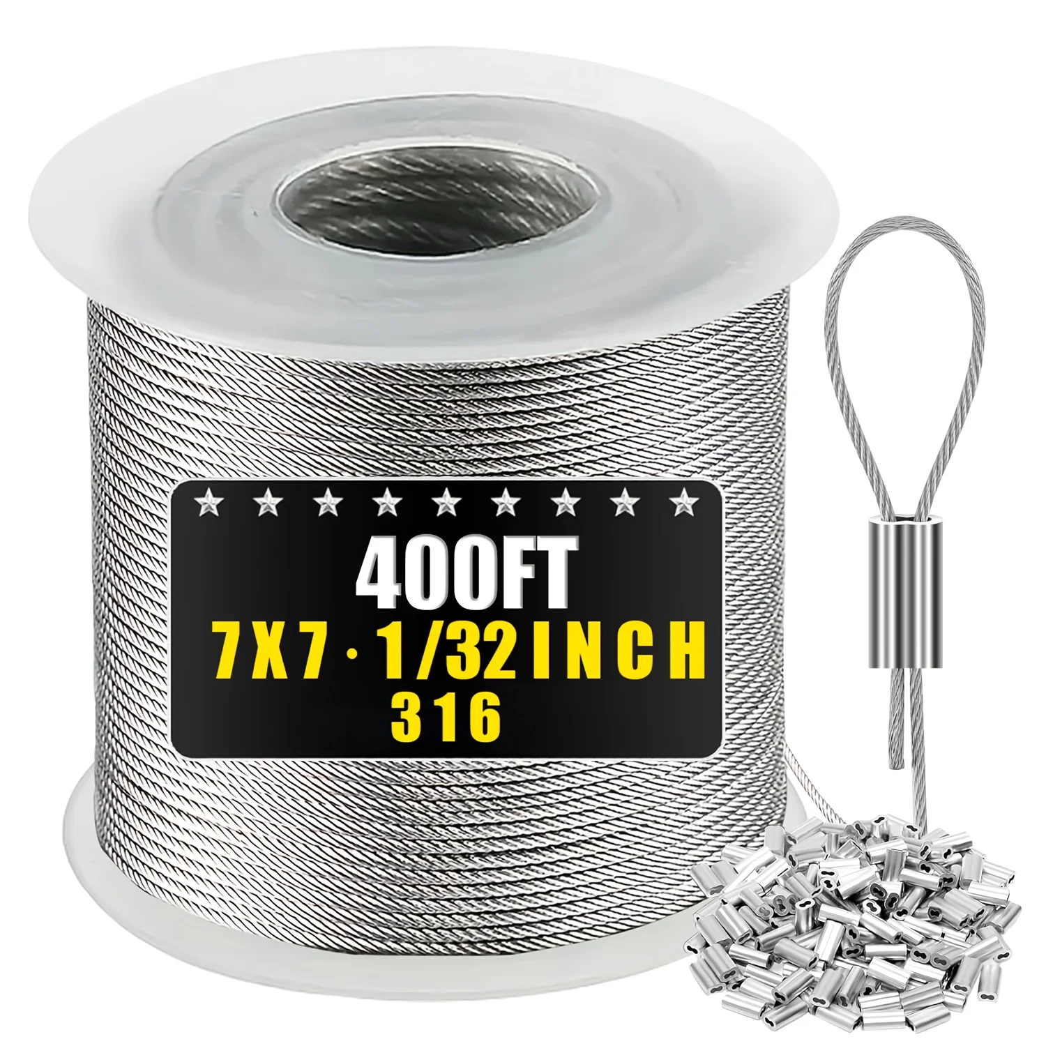 316 Stainless Steel Cable, 50/100/200/400 Feet 1/ 32inch Wire Rope with Aluminum Sleeves for Hanging String Lights, Hangers, Trellis Lines