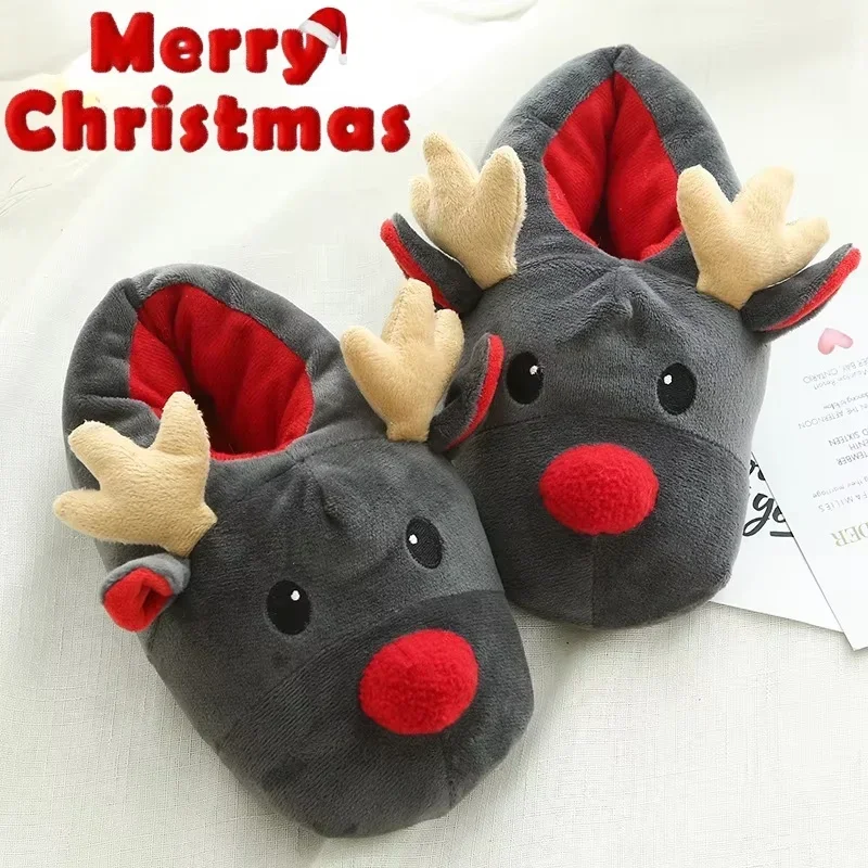 2025 Deer Christmas Womens Slippers Shoes Cotton Plush Cute Winter Cotton Indoor House Flat Floor Soft Warm Plush Slippers