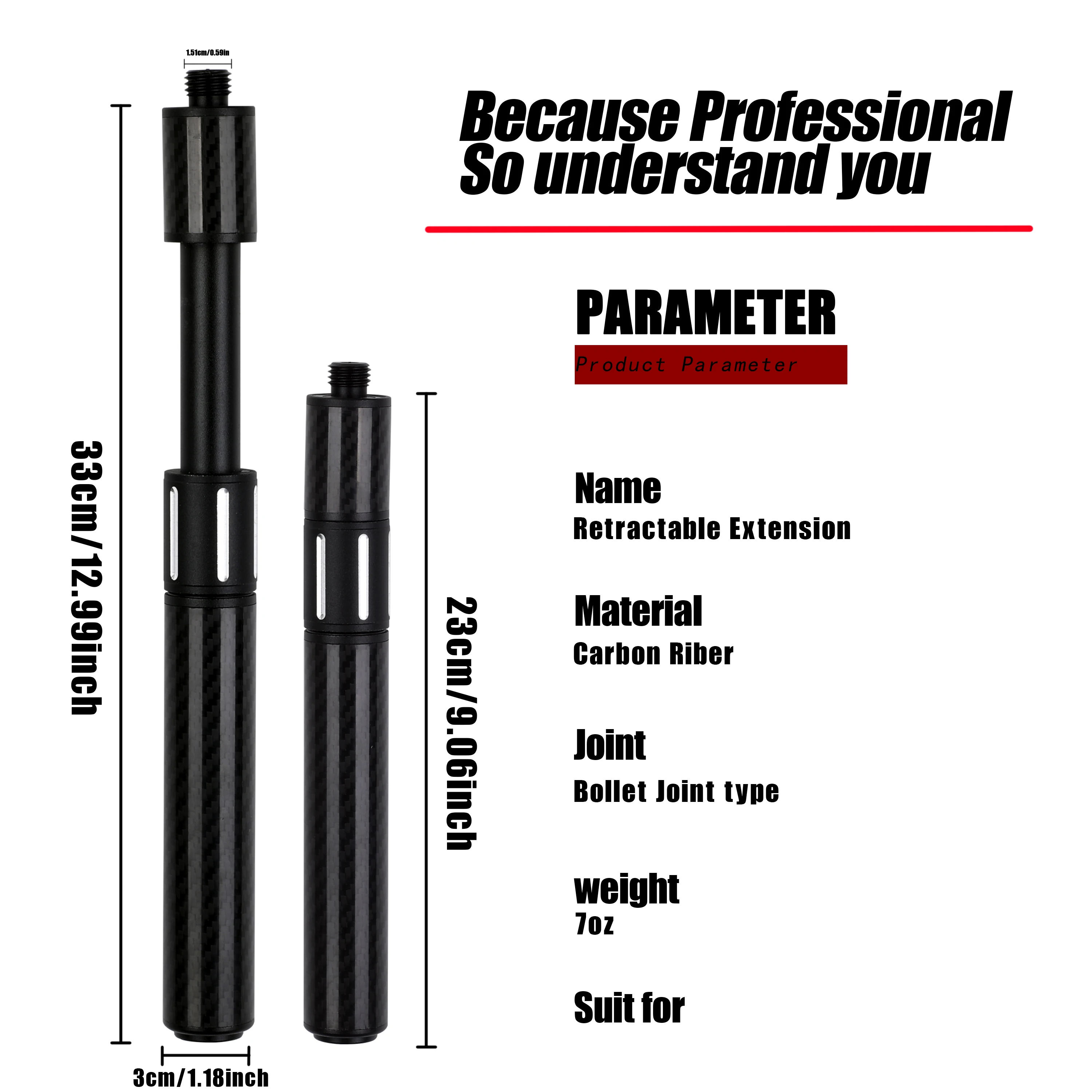 Universelle Teleskop-Queueverlängerung aus Carbonfaser, Pro-Serie, 9-Ball-Zubehör mit Bullet Joint Pin – Detail 5