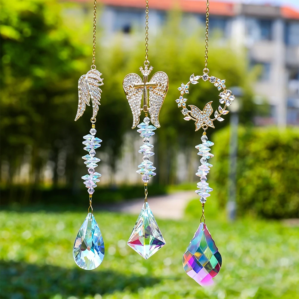 3Pcs Gemstone Suncatchers with Angel Wing Cross Butterfly and Floral Elements for Rainbow Projection and Decorative Hanging