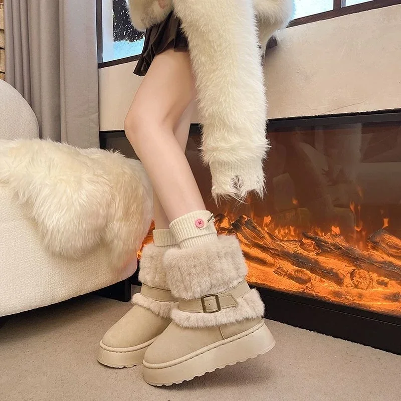 Womens 2026 Trendy Flat Boots Thick Warm Plush Cuff Cover Indoor Snow Shoes