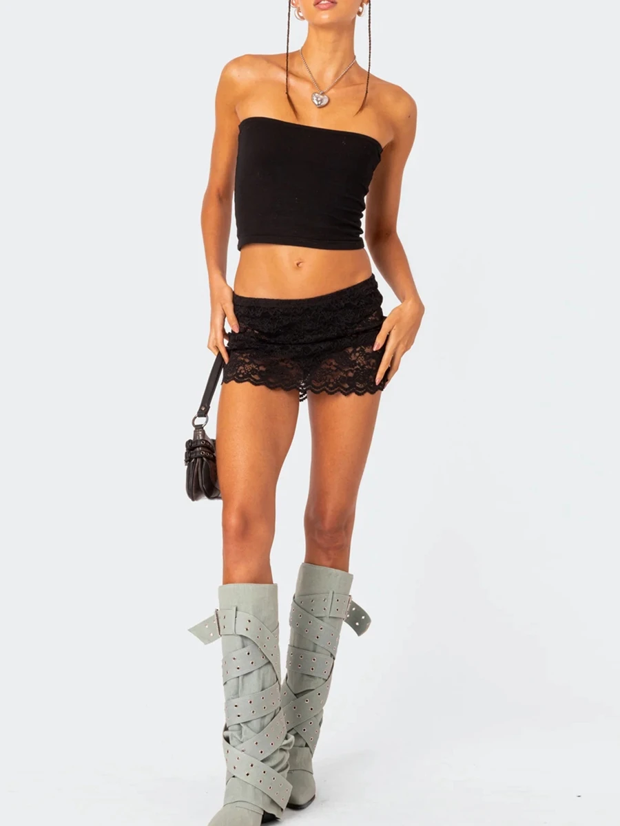 Y2k Odzież Damska Czarne Koronkowe Mini Spódniczki Casualowe Niski Stan Przezroczyste Spódniczki Moda Ołówkowe Bodycon Krótkie Spódniczki